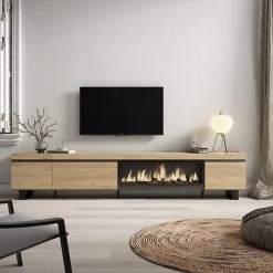 Meuble TV 288x35x57cm feu led sans chaleur XXL couleur chêne