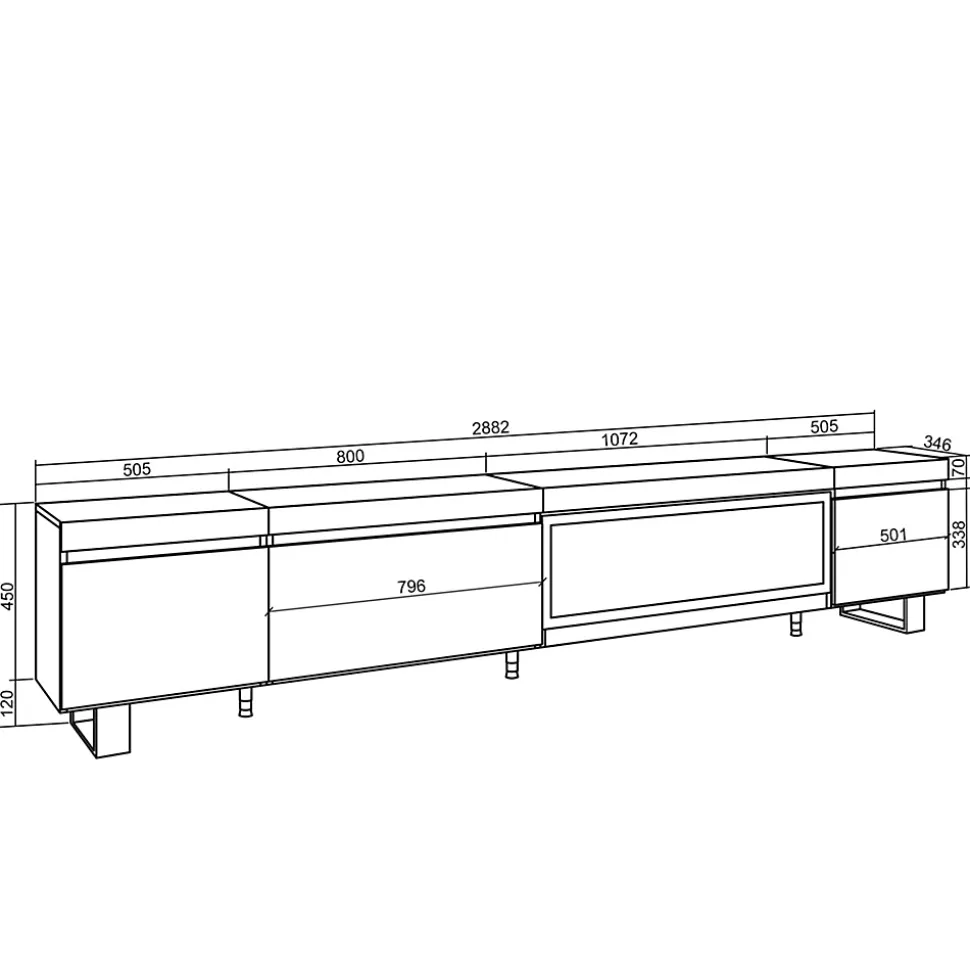 Meuble TV 288x35x57cm feu led sans chaleur XXL couleur chêne