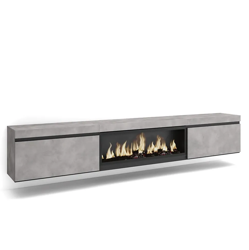 Meuble TV 267x35x45cm feu led sans chaleur XXL suspendu gris ciment
