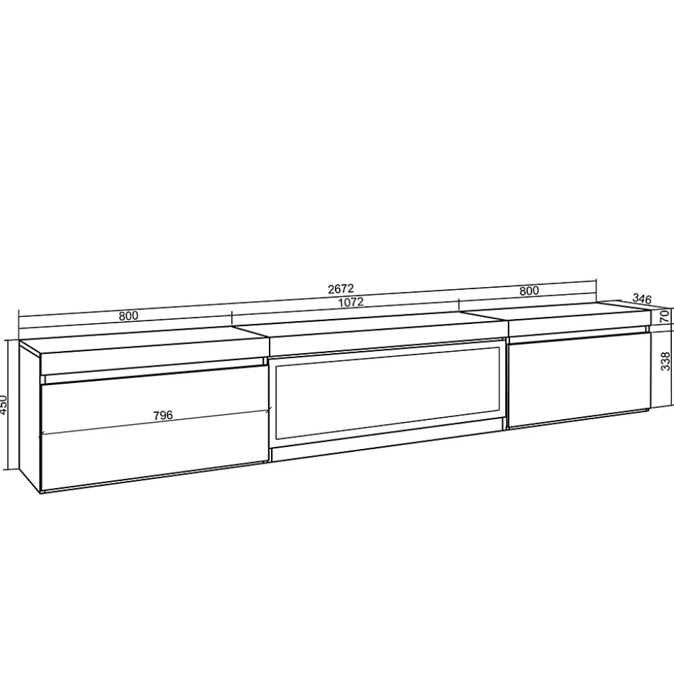 Meuble TV 267x35x45cm feu led sans chaleur XXL suspendu gris ciment