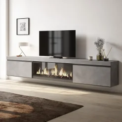 Meuble TV 267x35x45cm feu led sans chaleur XXL suspendu gris ciment