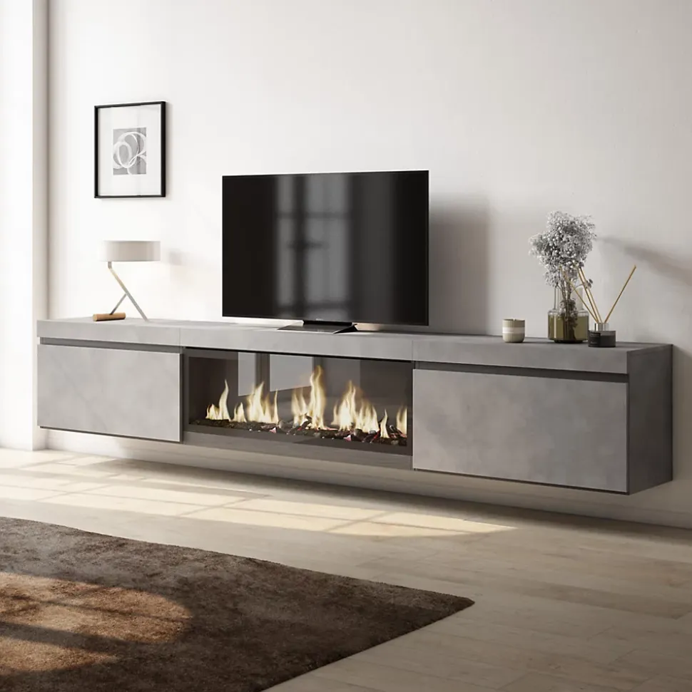 Meuble TV 267x35x45cm feu led sans chaleur XXL suspendu gris ciment