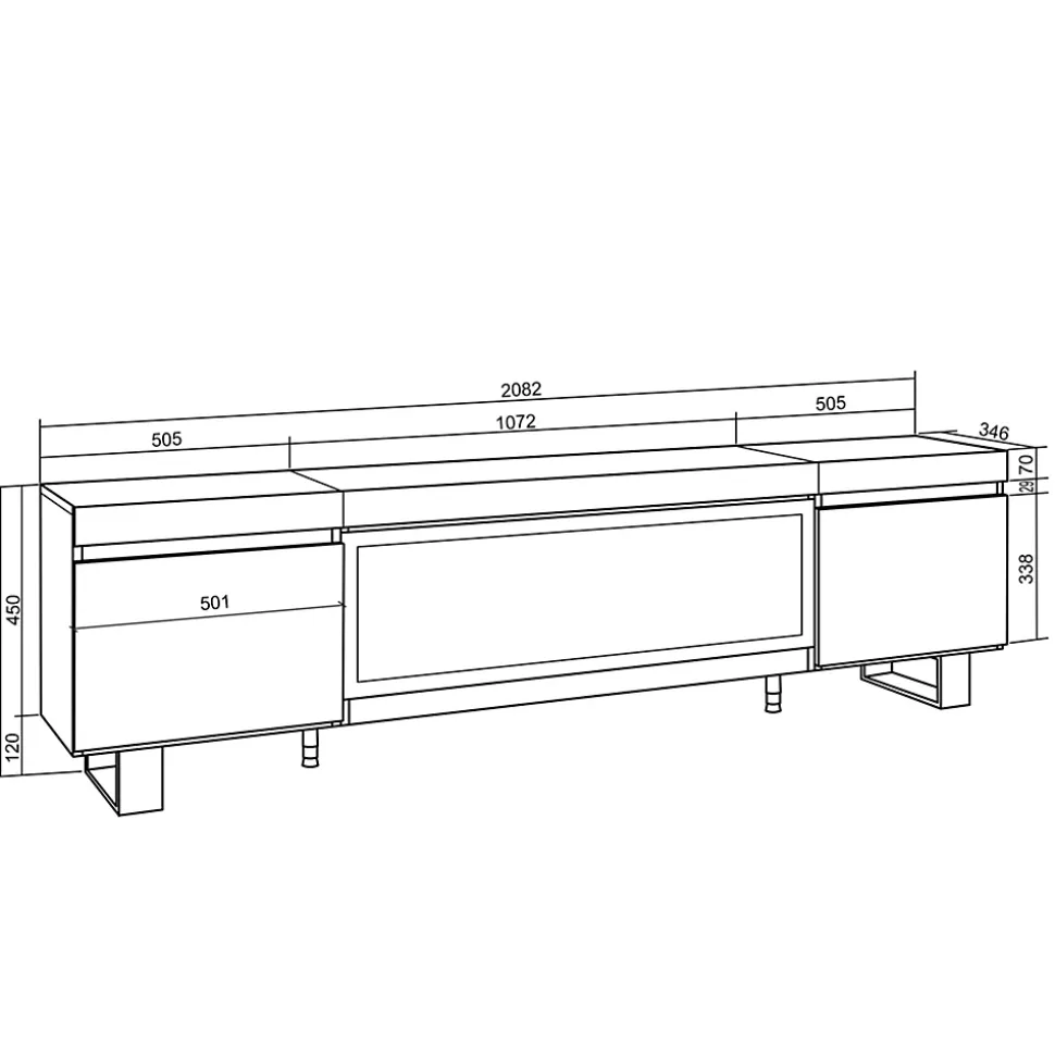 Meuble TV 210x35x57cm feu led sans chaleur XXL couleur chêne