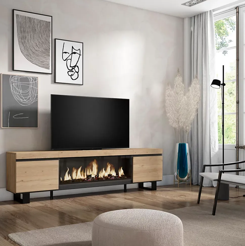Meuble TV 210x35x57cm feu led sans chaleur XXL couleur chêne