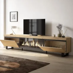 Meuble TV 267x35x57cm feu led sans chaleur XXL couleur chêne