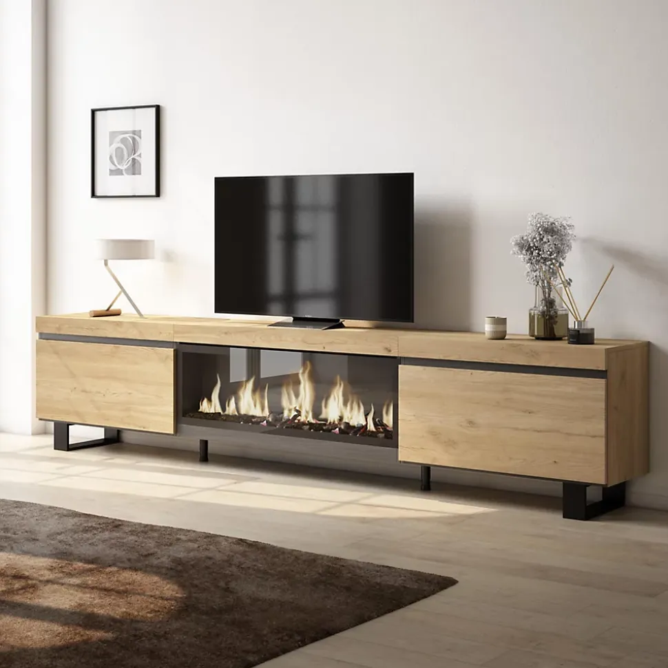 Meuble TV 267x35x57cm feu led sans chaleur XXL couleur chêne