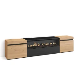 Meuble TV 200x35x45cm feu led sans chaleur couleur chêne et noir