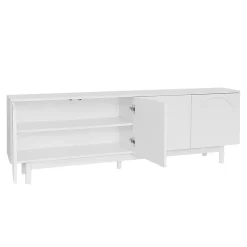 Meuble TV 175x38x56cm, léger de style luxe, avec 4 portes texturées, séparateurs réglables, blanc