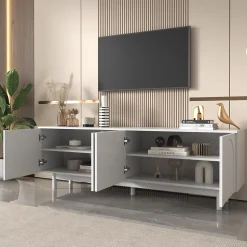 Meuble TV 175x38x56cm, léger de style luxe, avec 4 portes texturées, séparateurs réglables, blanc