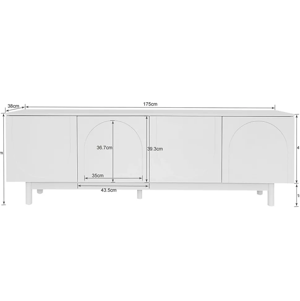 Meuble TV 175x38x56cm, léger de style luxe, avec 4 portes texturées, séparateurs réglables, blanc