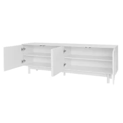 Meuble TV 175x38x56cm, léger de style luxe, avec 4 portes texturées, séparateurs réglables, blanc