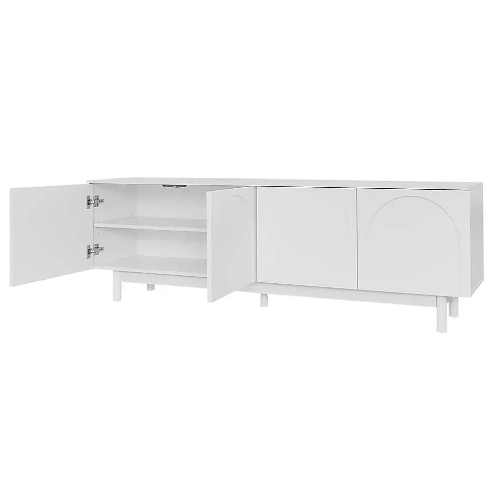 Meuble TV 175x38x56cm, léger de style luxe, avec 4 portes texturées, séparateurs réglables, blanc