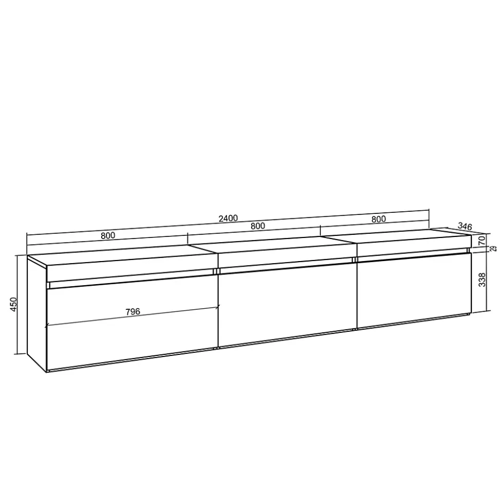 Meuble TV 240x35x45cm suspendu couleur chêne