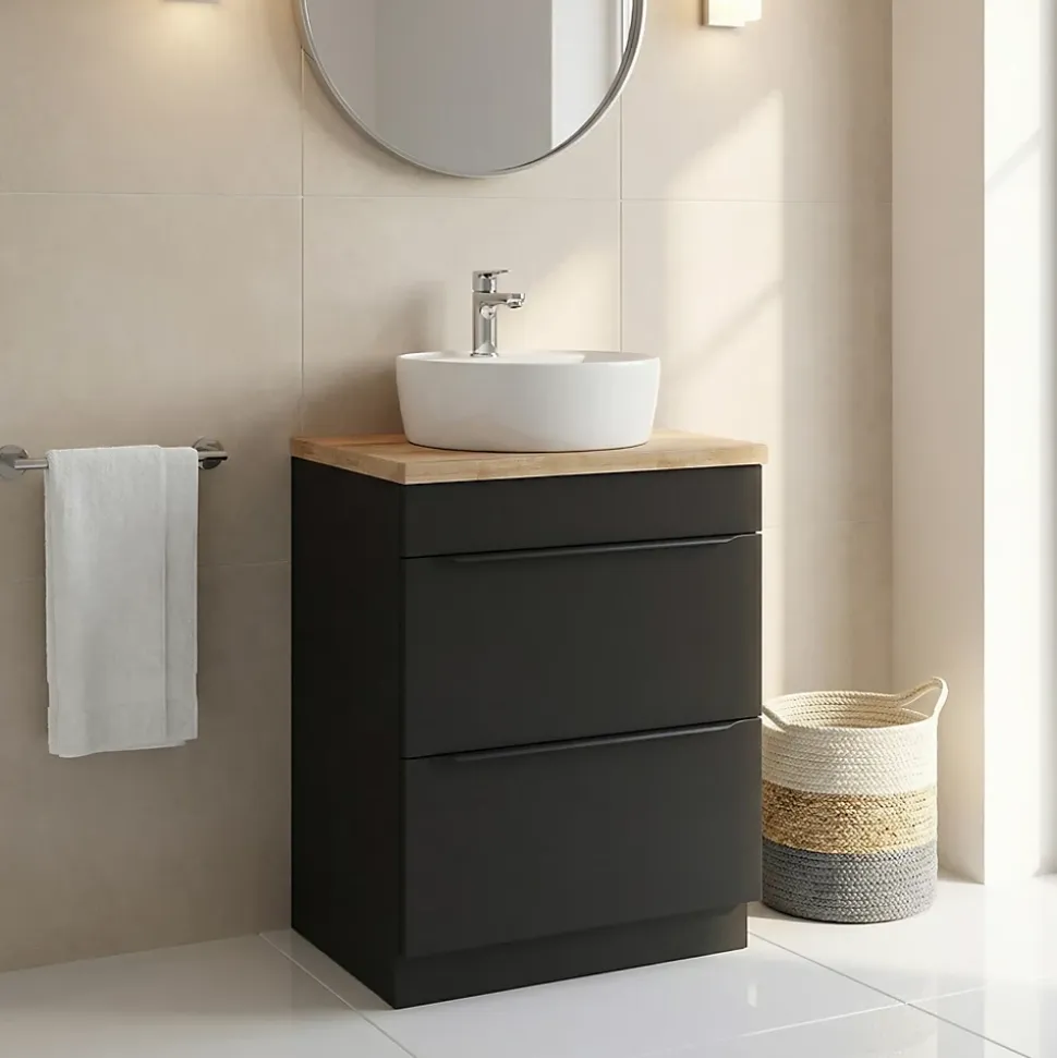 Meuble vasque à poser noir mat l.60 cm Imandra + plan de toilette chêne massif Hartland, GoodHome