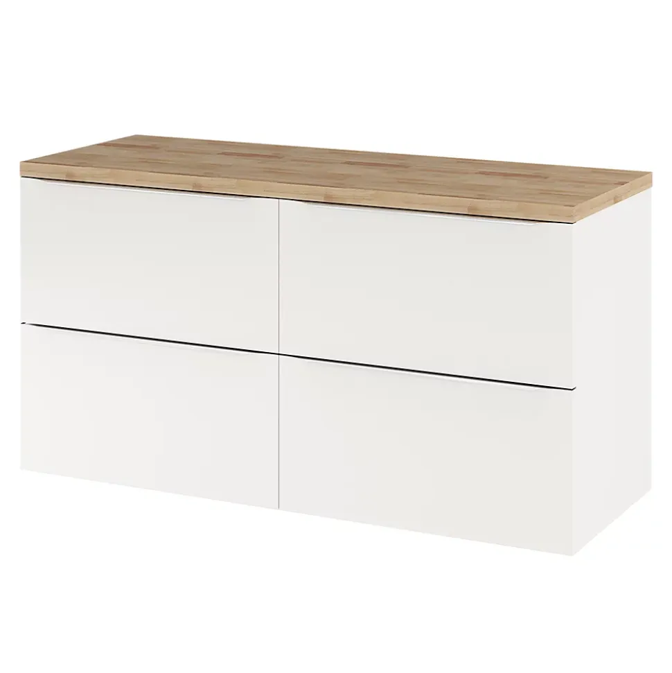 Meuble vasque suspendu blanc brillant l.120 cm Imandra + plan de toilette chêne massif Hartland, GoodHome