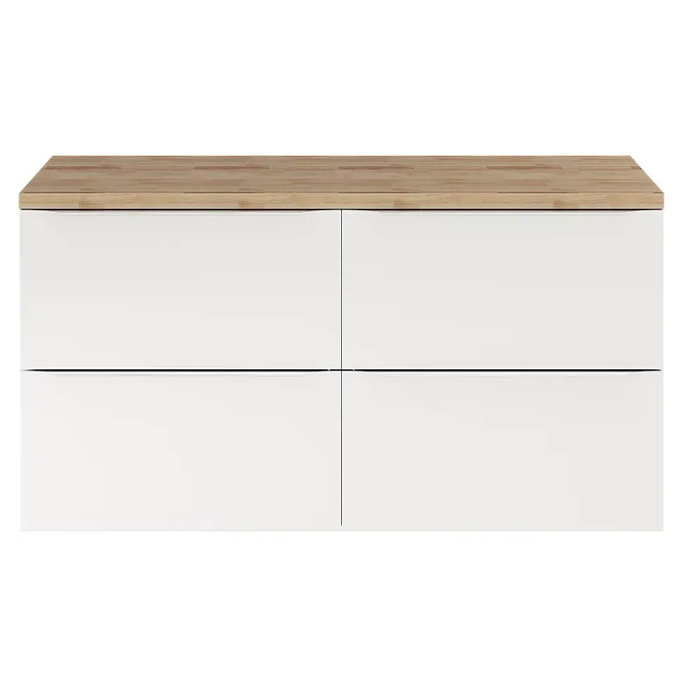 Meuble vasque suspendu blanc brillant l.120 cm Imandra + plan de toilette chêne massif Hartland, GoodHome