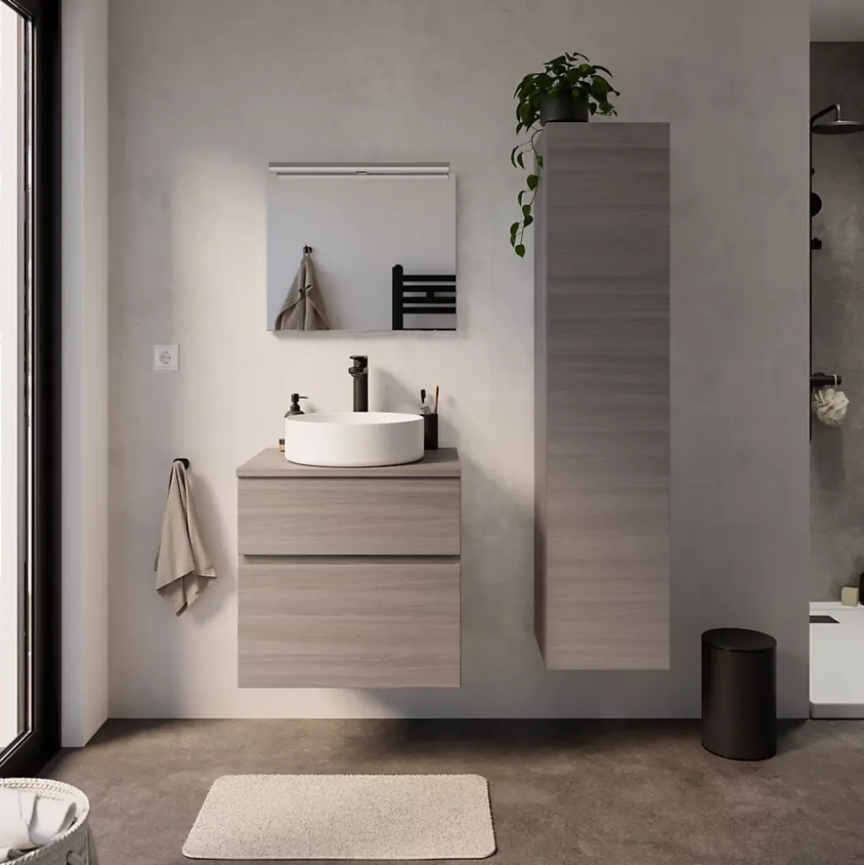 Meuble vasque suspendu effet chêne clair l.60 cm + plan de toilette, Calao