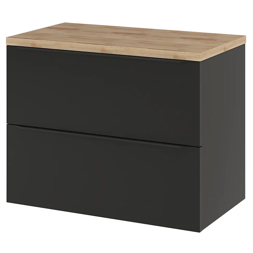 Meuble vasque suspendu noir mat l.80 cm Imandra + plan de toilette effet chêne, GoodHome