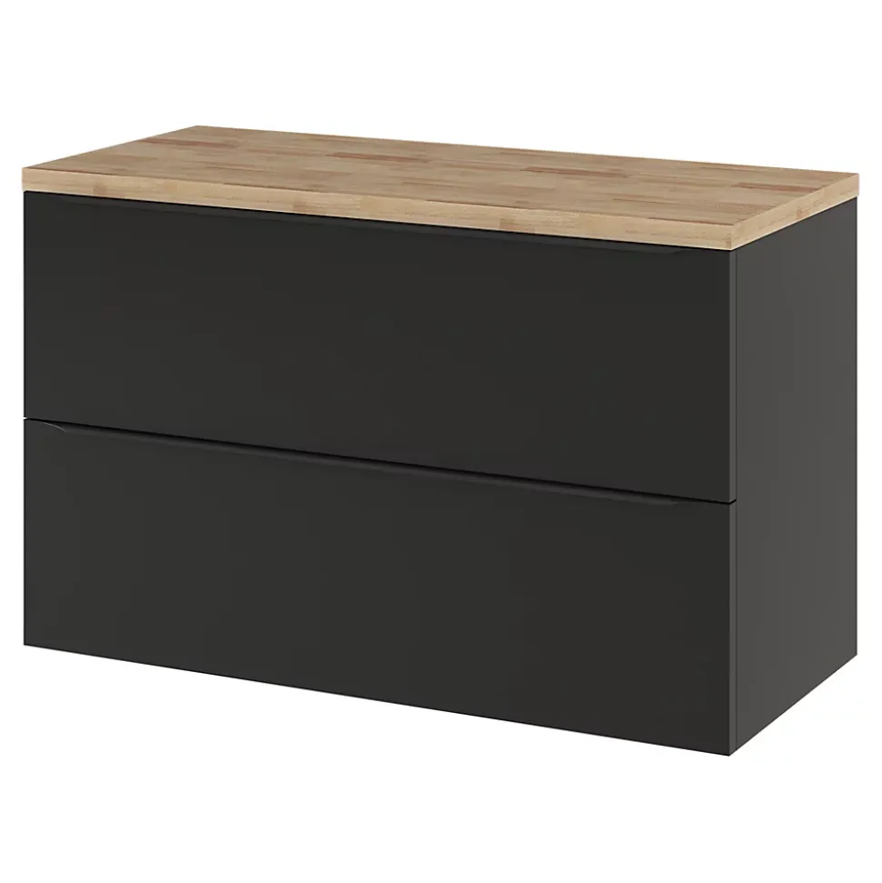Meuble vasque suspendu noir mat l.100 cm Imandra + plan de toilette effet chêne, GoodHome