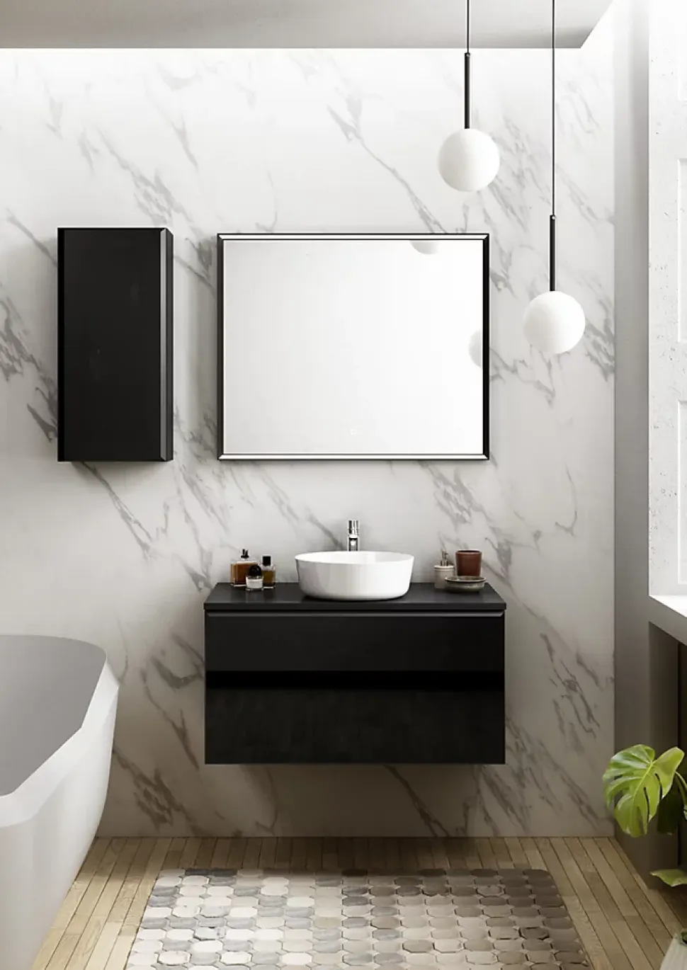 Meuble vasque suspendu noir mat et verre fumé l.90 cm + plan de toilette noir mat, Pura+