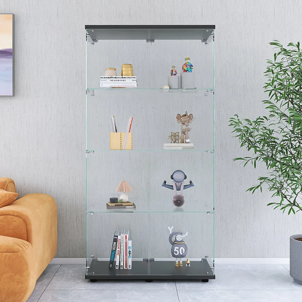 Meuble Vitrine en Verre,Vitrine Verre pour Collection avec 2 Portes et 4 étagères en Serrure, noir
