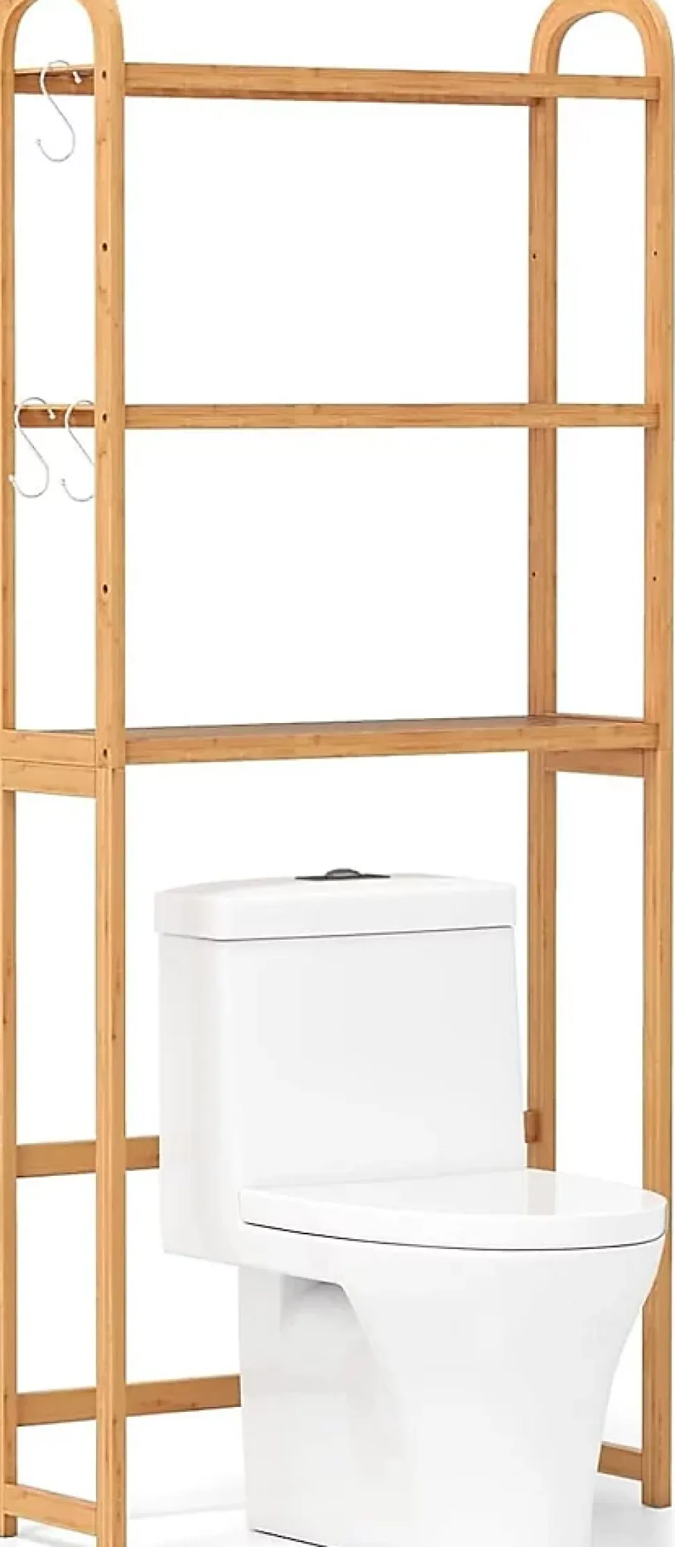 Meuble WC au-Dessus des Toilettes,en Bambou à 3 Niveaux avec 3 Crochets, Étagères et Barres à 3 Niveaux en Métal,71.5x25x166 cm