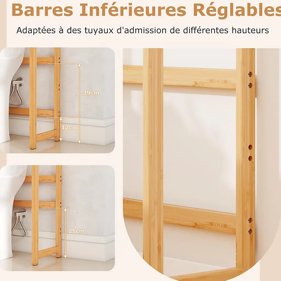 Meuble WC au-Dessus des Toilettes,en Bambou à 3 Niveaux avec 3 Crochets, Étagères et Barres à 3 Niveaux en Métal,71.5x25x166 cm