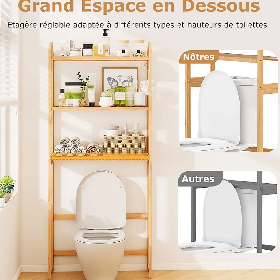 Meuble WC au-Dessus des Toilettes,en Bambou à 3 Niveaux avec 3 Crochets, Étagères et Barres à 3 Niveaux en Métal,71.5x25x166 cm
