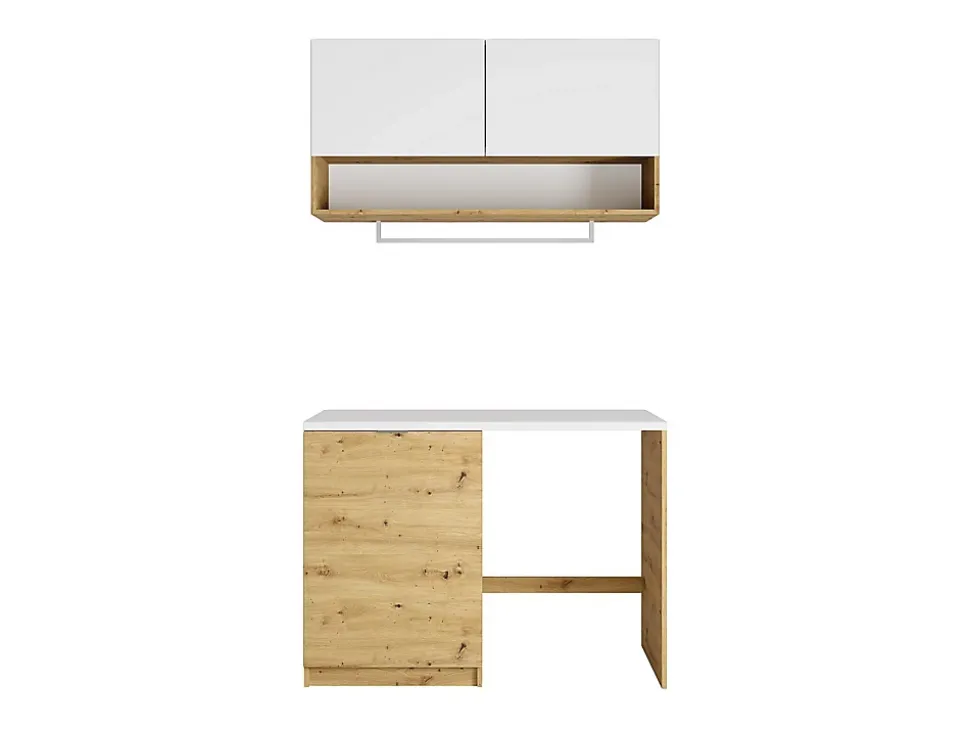 Meubles de buanderie pour machine à laver avec plan de travail - L122 cm - Blanc et naturel clair - NATAJI