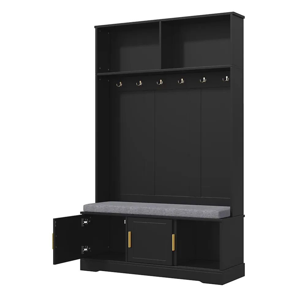 Meubles d'entrée - Porte-Manteaux avec Banc de Rangement, 6 Crochets, Étagères, Meuble Vestiaire Polyvalent - 120x40x191 cm - Noir