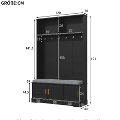Meubles d'entrée - Porte-Manteaux avec Banc de Rangement, 6 Crochets, Étagères, Meuble Vestiaire Polyvalent - 120x40x191 cm - Noir