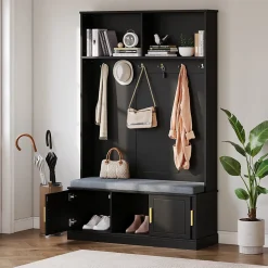 Meubles d'entrée - Porte-Manteaux avec Banc de Rangement, 6 Crochets, Étagères, Meuble Vestiaire Polyvalent - 120x40x191 cm - Noir