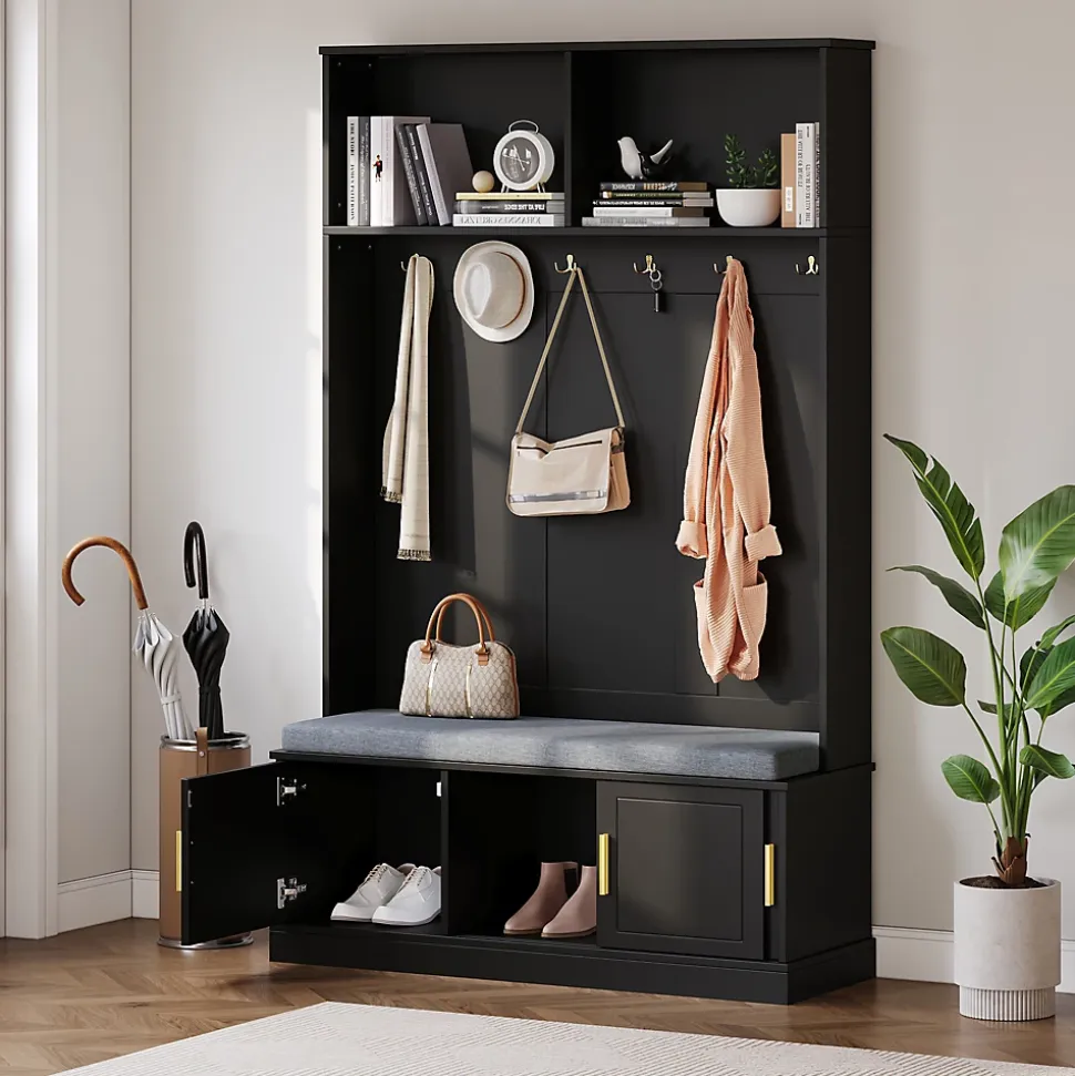 Meubles d'entrée - Porte-Manteaux avec Banc de Rangement, 6 Crochets, Étagères, Meuble Vestiaire Polyvalent - 120x40x191 cm - Noir