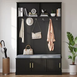 Meubles d'entrée - Porte-Manteaux avec Banc de Rangement, 6 Crochets, Étagères, Meuble Vestiaire Polyvalent - 120x40x191 cm - Noir