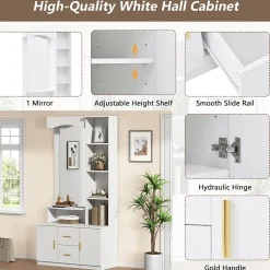 Meubles d'entrée - Vestiaire avec Miroir et Rangement Multifonction, 2 Tiroirs, 2 Portes et Étagères, MDF, Blanc, 90x40x180 cm