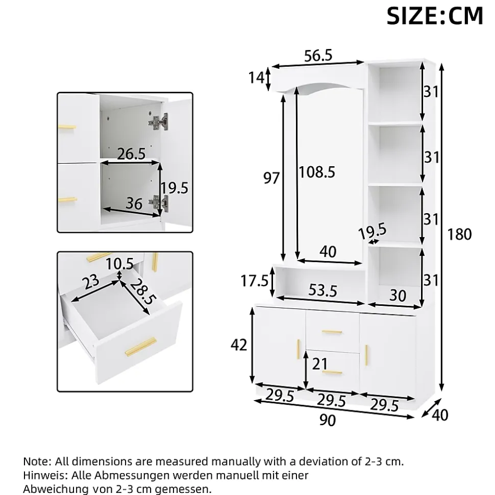 Meubles d'entrée - Vestiaire avec Miroir et Rangement Multifonction, 2 Tiroirs, 2 Portes et Étagères, MDF, Blanc, 90x40x180 cm