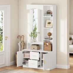 Meubles d'entrée - Vestiaire avec Miroir et Rangement Multifonction, 2 Tiroirs, 2 Portes et Étagères, MDF, Blanc, 90x40x180 cm
