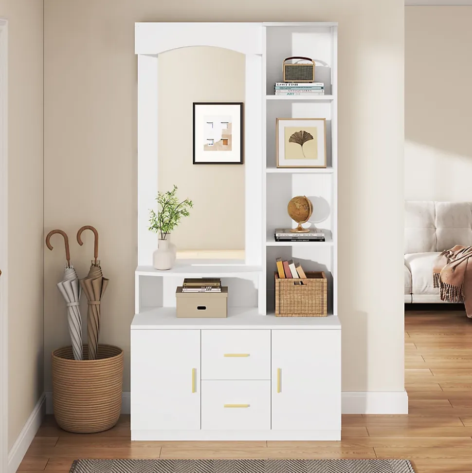 Meubles d'entrée - Vestiaire avec Miroir et Rangement Multifonction, 2 Tiroirs, 2 Portes et Étagères, MDF, Blanc, 90x40x180 cm