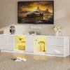 Meubles TV avec Éclairage LED et 2 Tiroirs - Buffet Bas Haut Brillant en MDF et Verre Trempé, Blanc, 160x40x52 cm