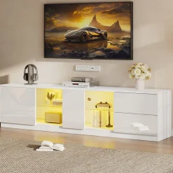 Meubles TV avec Éclairage LED et 2 Tiroirs - Buffet Bas Haut Brillant en MDF et Verre Trempé, Blanc, 160x40x52 cm