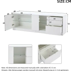 Meubles TV avec Éclairage LED et 2 Tiroirs - Buffet Bas Haut Brillant en MDF et Verre Trempé, Blanc, 160x40x52 cm