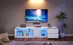 Meubles TV avec Éclairage LED et 2 Tiroirs - Buffet Bas Haut Brillant en MDF et Verre Trempé, Blanc, 160x40x52 cm