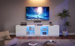 Meubles TV avec Éclairage LED et 2 Tiroirs - Buffet Bas Haut Brillant en MDF et Verre Trempé, Blanc, 160x40x52 cm