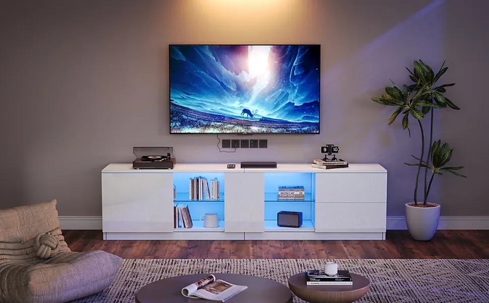 Meubles TV avec Éclairage LED et 2 Tiroirs - Buffet Bas Haut Brillant en MDF et Verre Trempé, Blanc, 160x40x52 cm