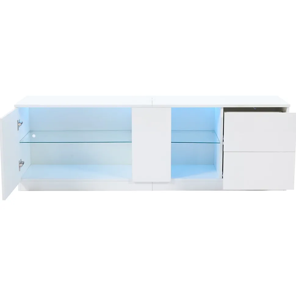 Meubles TV avec Éclairage LED et 2 Tiroirs - Buffet Bas Haut Brillant en MDF et Verre Trempé, Blanc, 160x40x52 cm