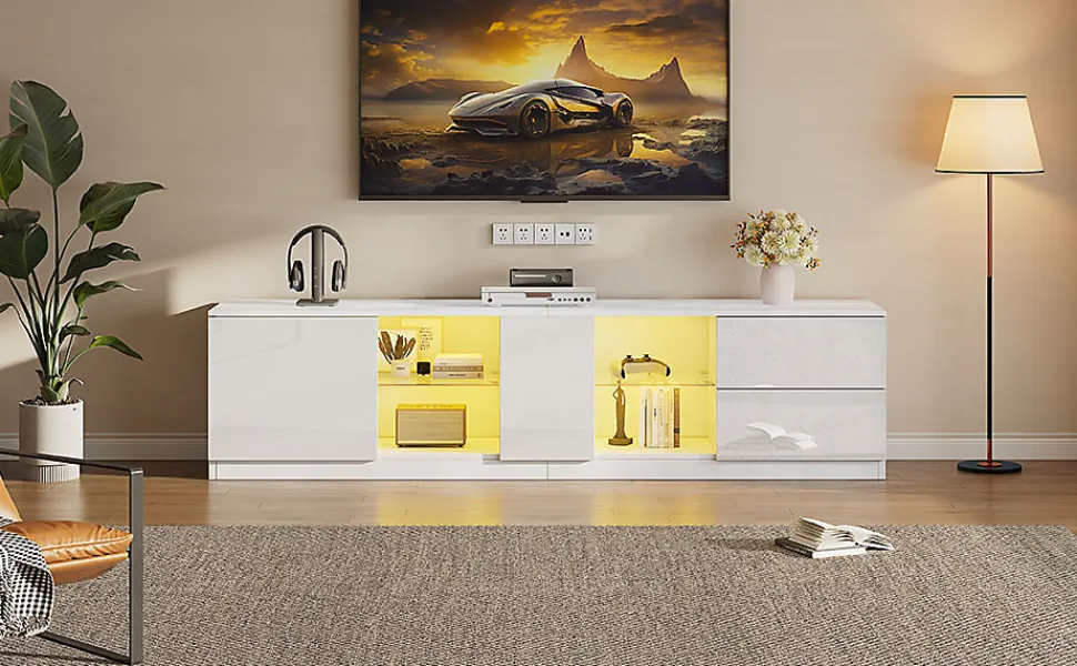 Meubles TV avec Éclairage LED et 2 Tiroirs - Buffet Bas Haut Brillant en MDF et Verre Trempé, Blanc, 160x40x52 cm