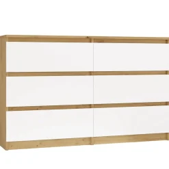 MILAN - Commode de chambre large 6 tiroirs - 30x120x77cm - Meuble de rangement - artisan et blanc