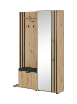 Minio go for it, Ensemble vestiaire NEL, avec miroir, avec siège tapissé, 131 cm, Chêne Artisan / Couleur noire