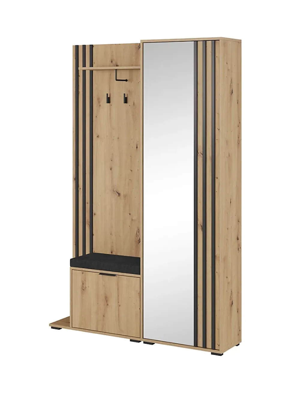 Minio go for it, Ensemble vestiaire NEL, avec miroir, avec siège tapissé, 131 cm, Chêne Artisan / Couleur noire