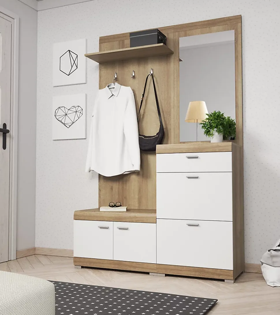 Minio go for it, Ensemble vestiaire STELO, avec miroir, 135 cm, Chêne Riviera / blanc